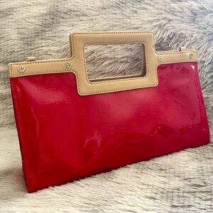 IMAN Red & Tan Vegan Patent Leather Handbag - EUC **Missing shoulder strap